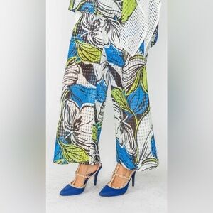 NWT IC COLLECTION Floral Blue and Green Perforated Wide-Leg Pants Size S